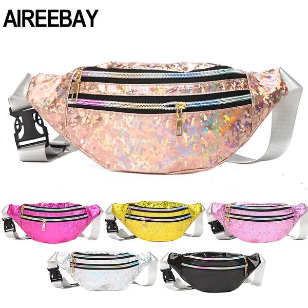

waist bags aireebay 3-zipper pocket female holographic fanny pack pink silver sequined for women laser chest bum hologram