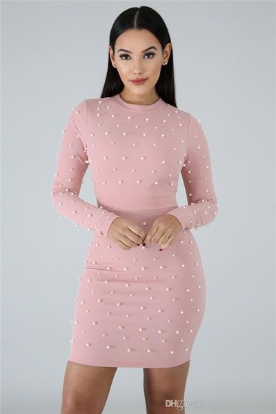 

designer summer womens dress bubble bead nail bead bodycon dresses skinny solid color long sleeve ladies dresses, Black;gray