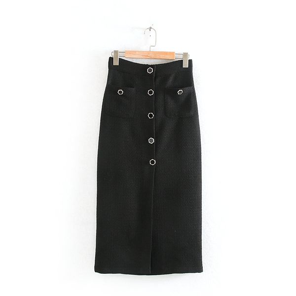 

women fashion pockets patch buttons straight midi skirt faldas mujer ladies back zipper split woolen vestidos chic skirts qun530, Black