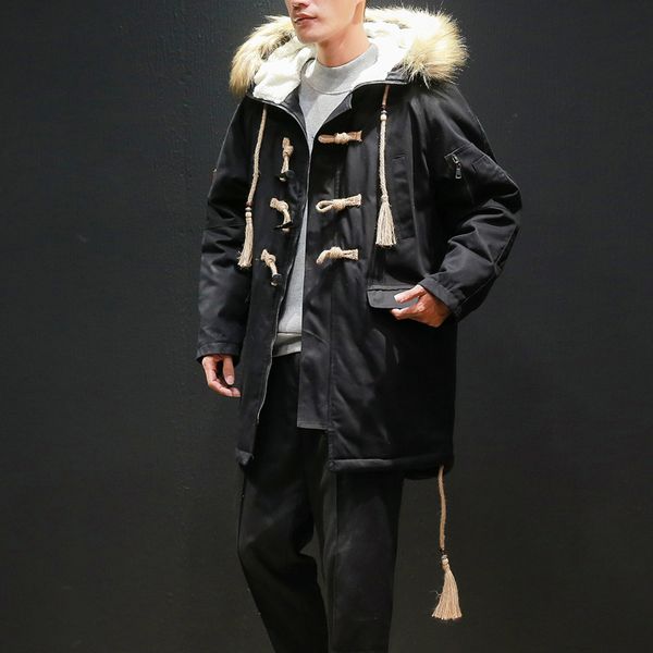

2021 long streetwear coats buckle horn japanese men coat jackets parkas mens winter dernu, Black