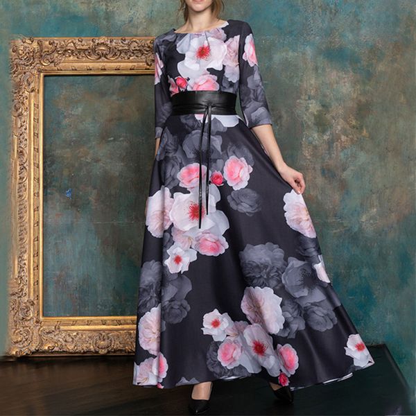 

2020 women's dress printed five-sleeve elegant black long dress dress, Black;gray