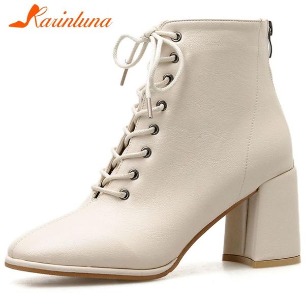 

karin office ladies lace-up high heel boots brand design square toe ankle boots women elegant fake leather shoes woman, Black