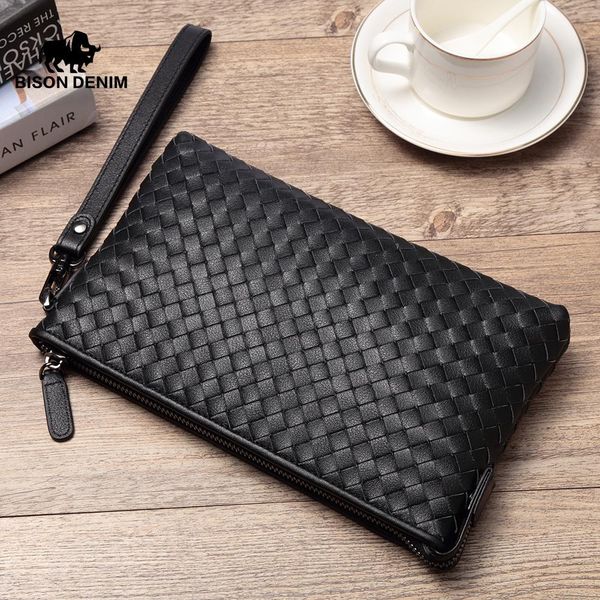 

bison denim genuine leather men wallets card money cowskin long purse brand zipper men's clutch bag wristlet handy bag n8205-1, Red;black