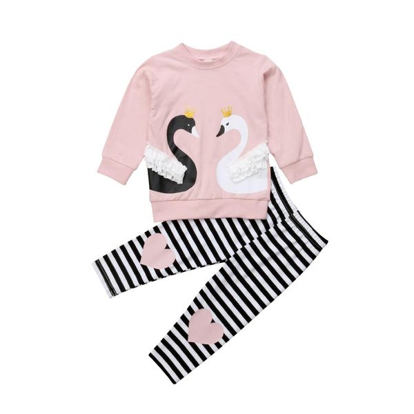 

1-6y autumn toddler baby girls pretty cute clothes sets 2pcs swan print long sleeve pullover pink sweatshirt+striped pants, White