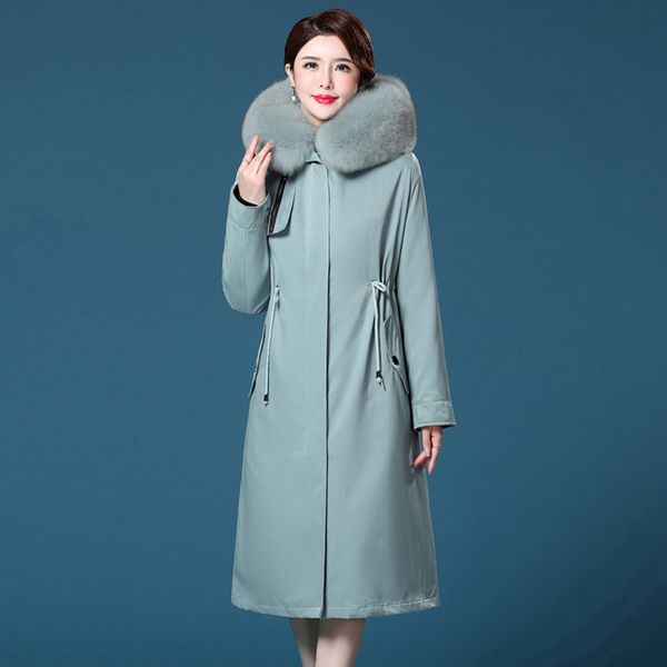 

long parka fur coats womens winter natural fur jackets rabbit liner fox fur collar thickening warm outerwear overcoat snow fahsion, Black