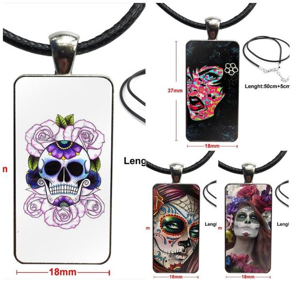 

art beautiful skeleton flower skull lady glass cabochon jewelry steel color with long pendant choker rectangle necklace, Silver