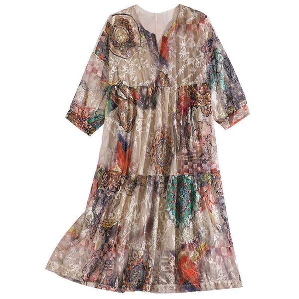 

2020 new summer women silk floral print v-neck loose female (ladies) fashion three quarter midi dress vestidos plus size 3xl l04, Black;gray