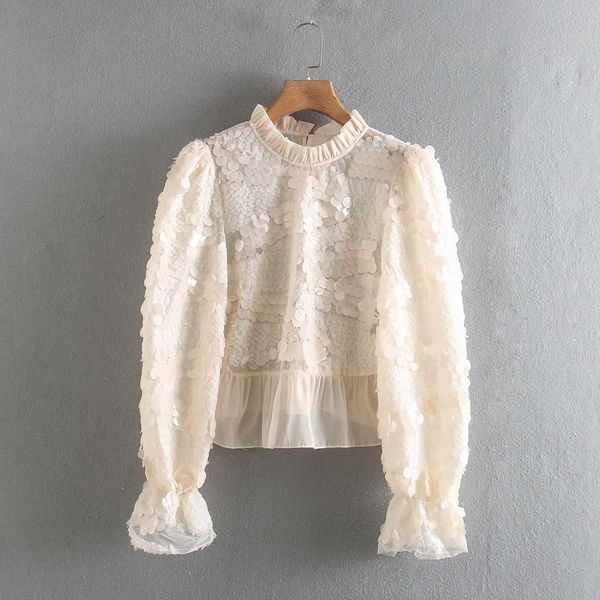 

women fashion puff sleeve sequins appliques stitching blouses shirts women stand collar pleated ruffles blusas chic ls6118, White