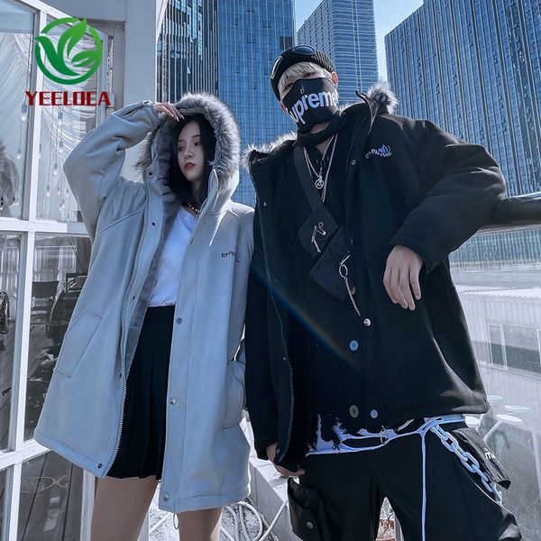 

2019 winter plus velvet thicken hooded jacket fur collar solid color oversized long fashion couples men suede windbreaker coat, Black