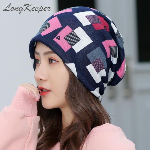 

longkeeper women square pattern spring printed caps casual beanies hats hip hop skullies bone gorras for brazil, Blue;gray