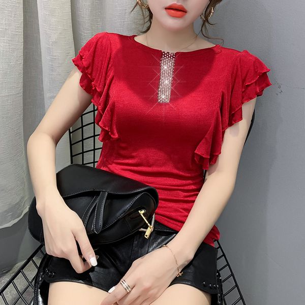 

summer t-shirt new 2020 fashion casual short sleeve ruffles shirt elegant slim hollow out solid color women t-shirt blusas, White