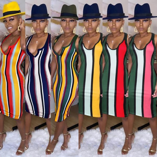 

summer dress party for women 2020 runway bohemia sleeveless night club rainbow striped stretch bodycon tank midi dress, Black;gray