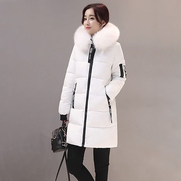 

women autumn winter long-sleeved hooded coat korea style slim cotton jacket solid color short light down with fur collar, Black