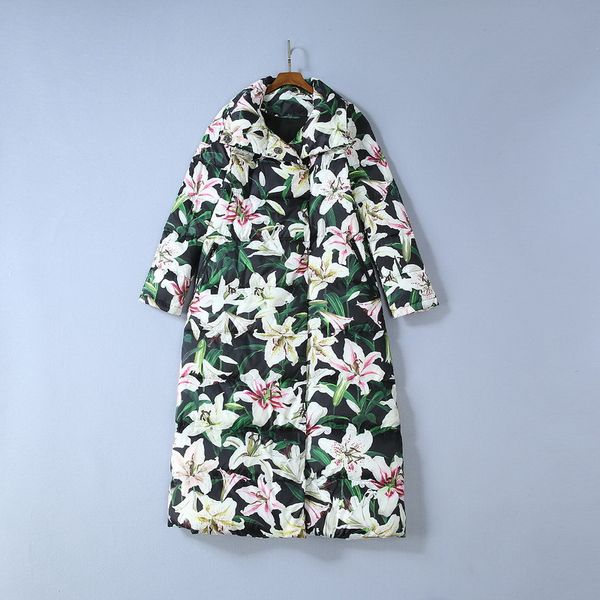 

european and american women's clothing 2019 winter new style long sleeve lapel lily print thickened fashion long down jacket, Black