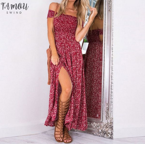

2020 strapless summer dress vintage bohemian long maxi dress robe floral printed women slash neck split casual dresses vestido, Black;gray