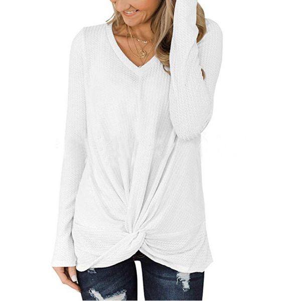 

plus size sweater women fall 2019 streetwear casual v neck long sleeve knot waffle knit cute pull femme chompas para mujer, White;black