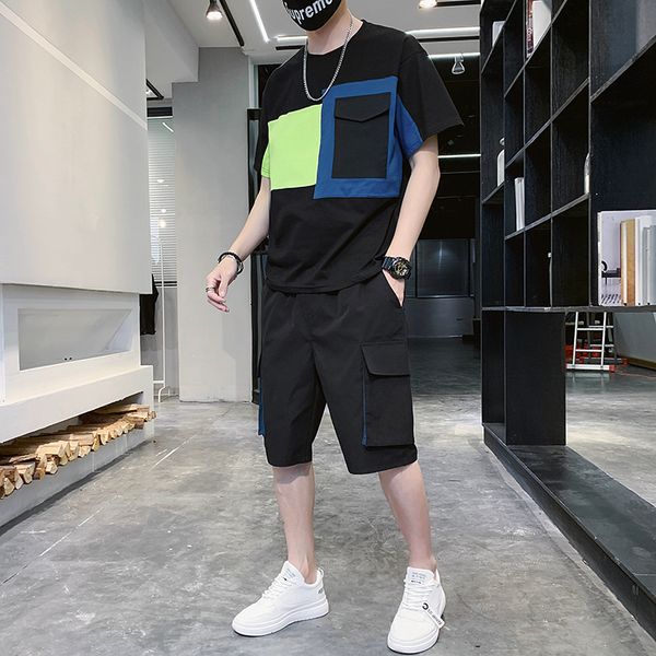 

tracksuit 2019 new summer men sporting suit short sleeve t-shirt+short hip hop 2piece set patchwork sweatsuits for men clothing, Gray