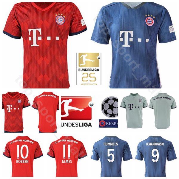 

2018 2019 Bundesliga Soccer Bayern Munich Jersey Men 9 LEWANDOWSKI 10 ROBBEN 11 JAMES 25 MULLER 5 HUMMELS Football Shirt Kits Red Green