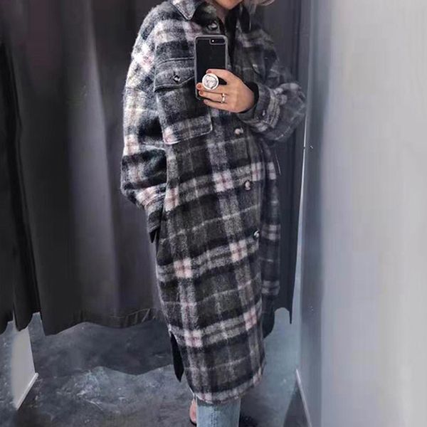 

ladies wool blend woolen contrast plaid long sleeve jacket coat outerwear - women winter spring contour gingham checkered top, Black