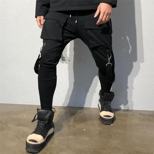 

pockets elastic pencial pants casual mens hip hop pants european american mens designer pants fashion 3d tailoring multi, Black