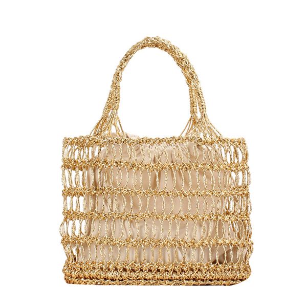 

gold and silver openwork crochet woven straw bag hand-inclusive resort beach