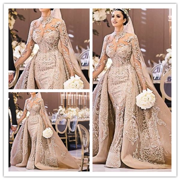 

luxurious elegant ball gown wedding dresses high-neck wedding dress detachabletrail long sleeve bridal gowns mermaid robe de mariée, White