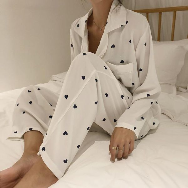 

women heart print pajamas two piece set sleepwear long sleeve loose pajama set casual pyjamas two piece suit, Black;red