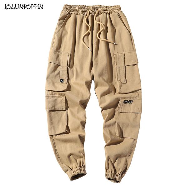 

men multi-pockets cargo pants drawstring elastic waist japan style mens jogger pants cotton twill man casual trousers khaki, Black