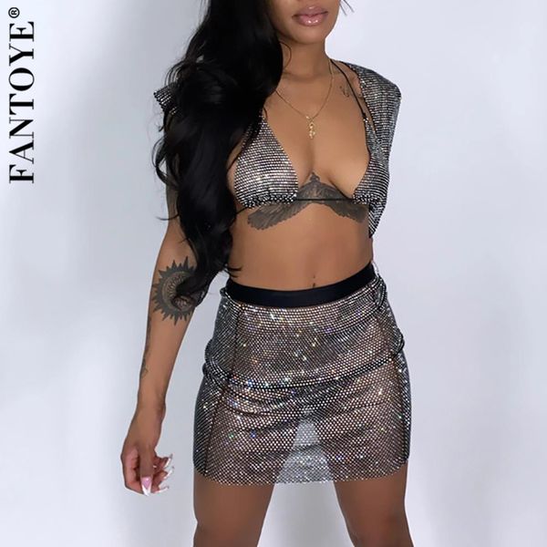 

fantoye women party shiny diamond two piece set women crop and short skirt set hollow out sequins fishnet club outfits, White