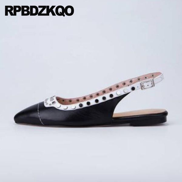 

summer sandals metal slingback shallow pointed toe genuine leather black designer shoes women luxury 2019 stud breathable rivet