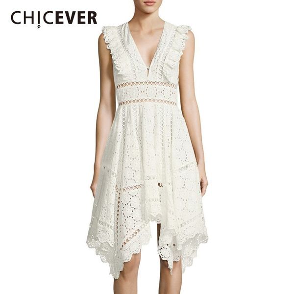 

chicever casual sleeveless beach dress for women v neck high waist hollow out patchwork irregular dresses female 2019 summer new, Black;gray