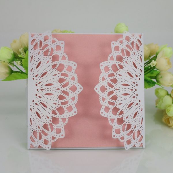 

200pcs laser cut hollow lace flower invitations card ribbon for wedding party invitation cards with envelope & seal q147