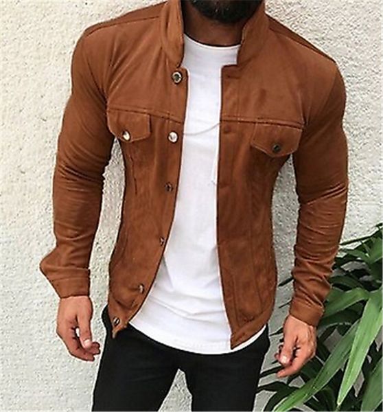 

2019 men faux suede slim multi-button work tool pocket jacket male winter long sleeve turn-down collar casual overcoat plus size, Black;brown