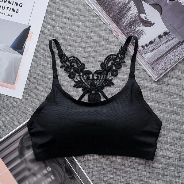 

women lace beauty back ice silk amis girl smooth full cup bras underwear lace bralette vest top, Black;white