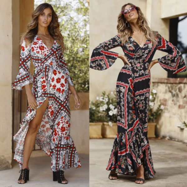 

new women floral long maxi dress long sleeve evening party summer beach sundress size s-xl, Black;gray