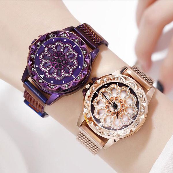 

new women bracelet watches 2019 women's rotating magnetic lucky watch fashion ladies crystal quartz wrist watches reloj femenino, Slivery;brown