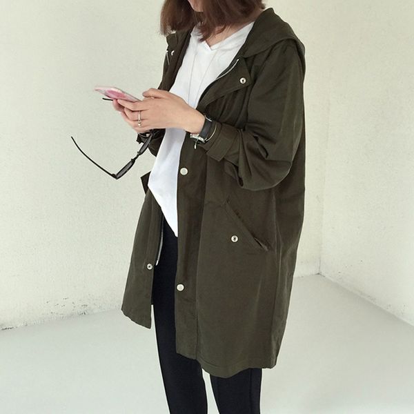 

spring autumn trench coat women causal long sleeve with hood female long coat rk, Tan;black