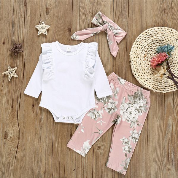 

baby girl kids clothes outfits girl long sleeves jumpsuits + flower trousers+headband 3 pieces set kids designer clothes girls jy574, White