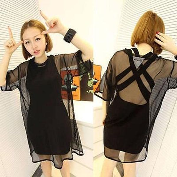 

Sexy Newest Women through Sheer Mesh Half Sleeve O-Neck Tee Oversize Tops Blouse Black and White