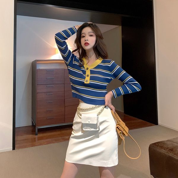 

fashion v-neck striped sweater slim button knit autumn women long-sleeved sweater, White;black