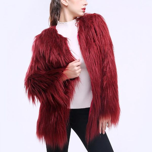 

fashion furry faux fur coat long sleeve hairy collarless overcoat women fluffy warm female outerwear autumn winter coat jacket, Black