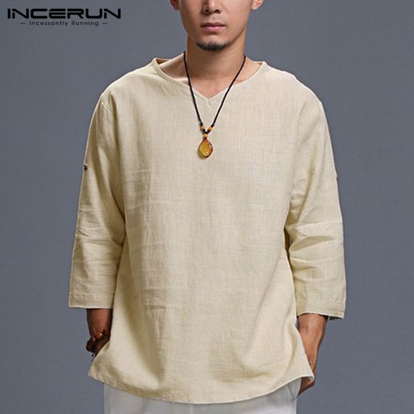 

stylish men clothing three quarter sleeve mens shirts cotton v neck plain chinese style tee shirt loose man camisas hombre, White;black