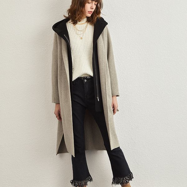 

women's trench coats brand jacket women wool coat with hooded double cashmere 2021 autumn winter spring female long loose woolen overco, Tan;black