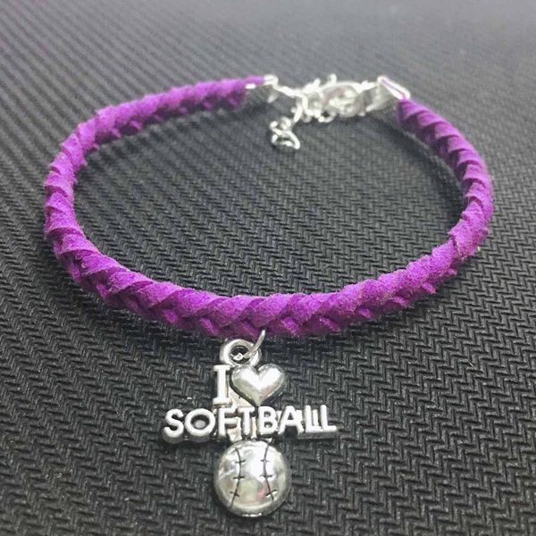 

fashion silver alloy softball pendants bracelets for women men charm handmade purple leather suede velvet rope jewelry pulseras dropshipping, Golden;silver