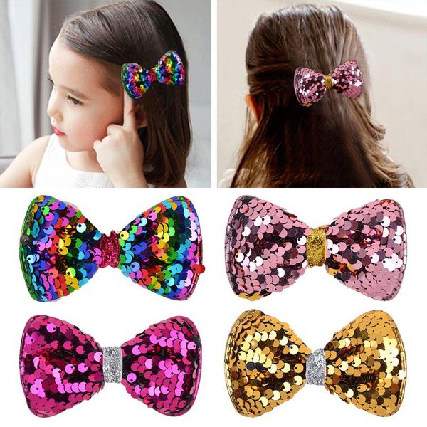

hair accessories 3.7 inches sequin bows colorful clip for kids girls boutique handmade hairgrips dance party headwear, Slivery;white