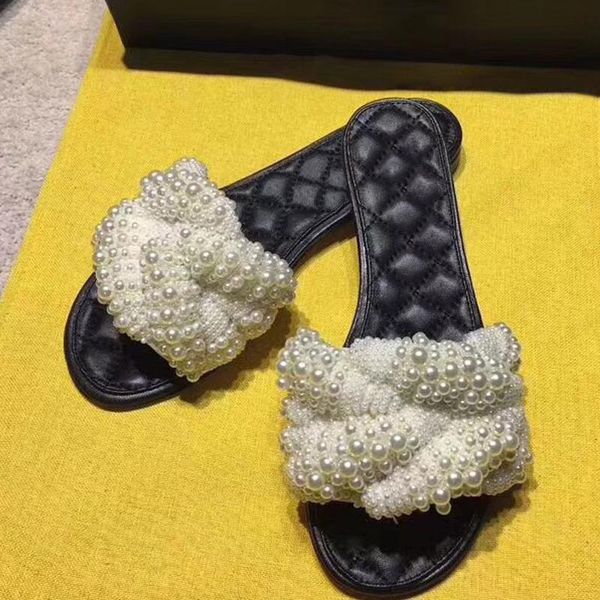 

fashion woman summer shoes cool beach slippers pearl flat sandals brand lattice quilted beading slippers designer sheepskin shoes, Black
