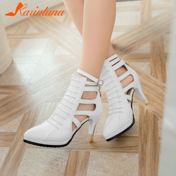 

karinluna brand new plus size 28-52 ankle strap zip hollow high heels shoes woman causal party office summer ankle boots, Black
