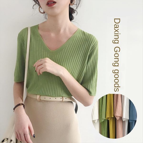 

2020 summer clothes clothing t-shirt clothing ulzzang solid color v-neck short-sleeved ice silk sweater short-sleeved t-shirt women's t, White