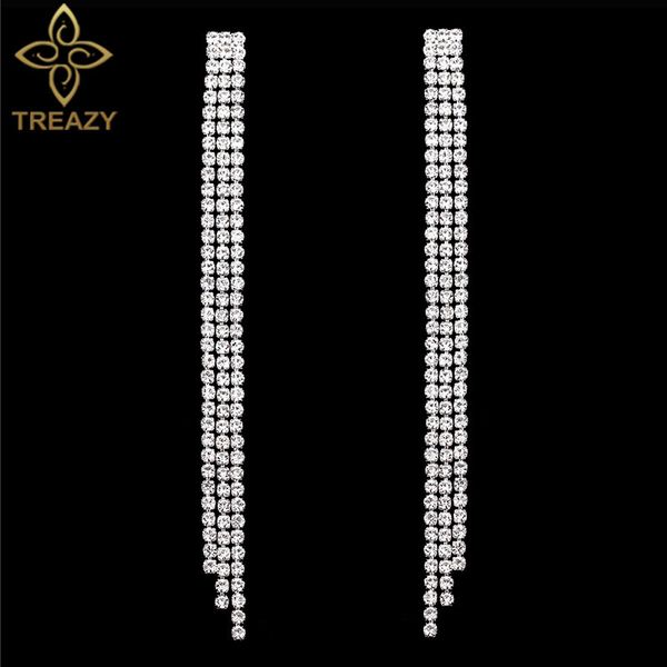 

treazy silver color tassel long earrings for women sparkling rhinestone hanging dangle earrings wedding party bridal brincos