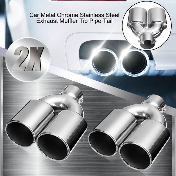 

universal 60mm double outlet stainless steel chrome car muffler exhaust pipe tip end trim modified tail throat liner pipe silver